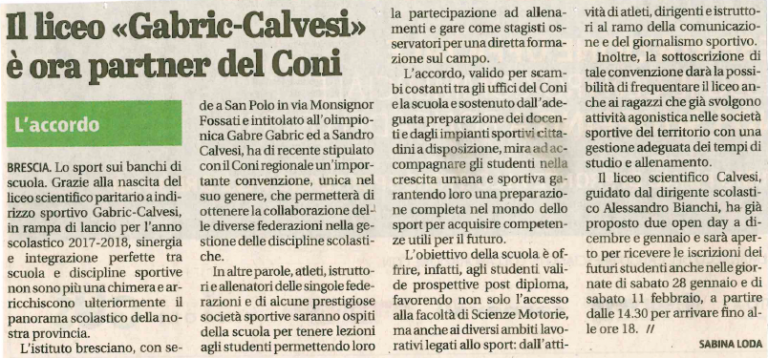Il liceo “Gabric-Calvesi” è ora partner del CONI